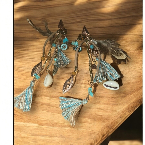 Bohemian Feather/Beaded Dangle Earrings - Turquoise and Brown - Picture 4 of 4
